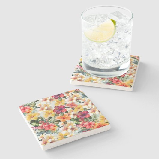 Tropisch Rood Wit Geel Hibiscus Bloemen Stenen Onderzetter (Zijkant)