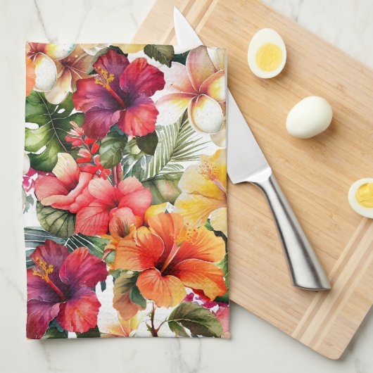 Tropisch Rood Wit Geel Hibiscus Bloemen Theedoek (Quarter Fold)