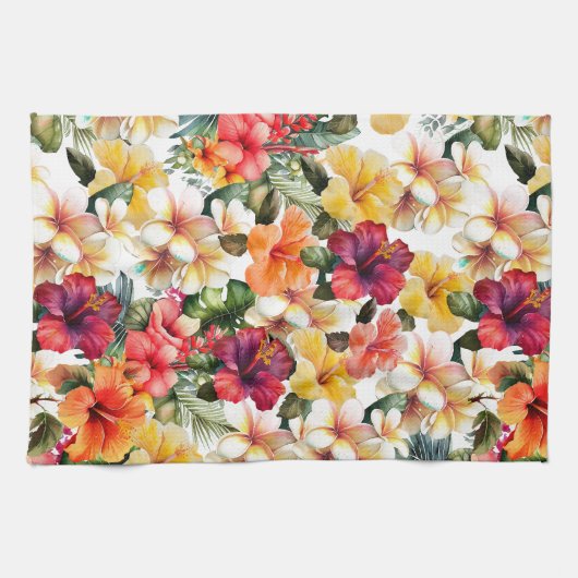 Tropisch Rood Wit Geel Hibiscus Bloemen Theedoek (Horizontaal)