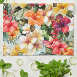 Tropisch Rood Wit Geel Munt Hibiscus Bloemen Theedoek