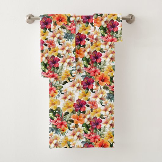 Tropisch Rood Wit Geel Sinaasappel Hibiscus Bloeme Bad Handdoek (Insitu)