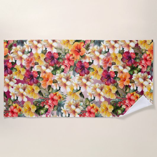 Tropisch Rood Wit Geel Sinaasappel Hibiscus Bloeme Strandlaken (Voorkant)