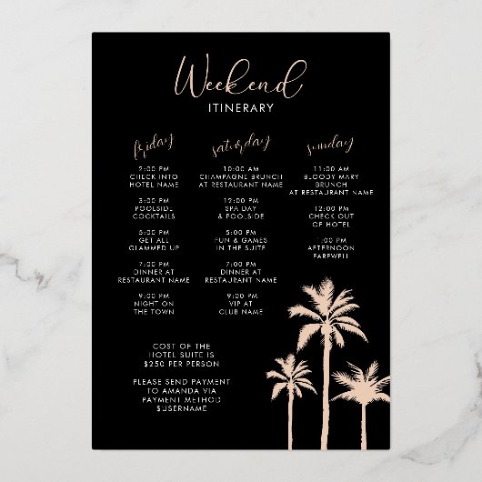 Tropisch Roos Gold Bachelorette Weekend Folie Uitnodiging (Achterkant)