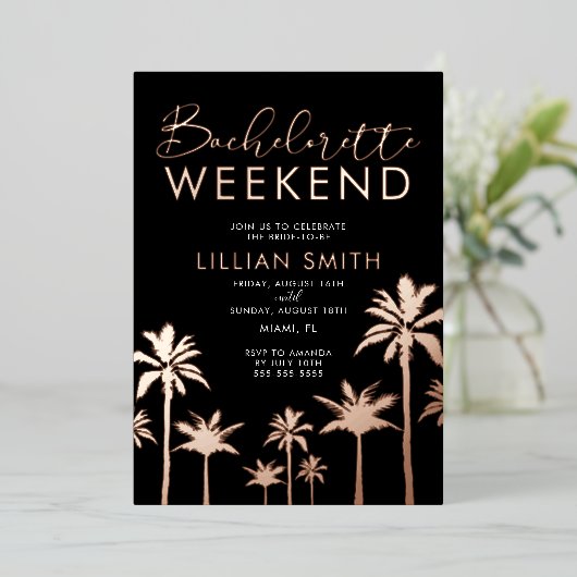 Tropisch Roos Gold Bachelorette Weekend Folie Uitnodiging (Staand Voorkant)