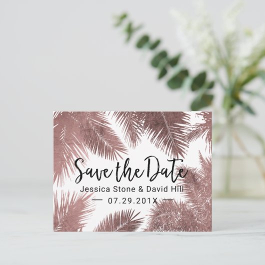 Tropisch Roos Gold Palm Tree Save the Date Aankondigingskaart (Staand voorkant)