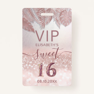 Tropisch Roos goud glitter script Sweet 16 VIP Badge