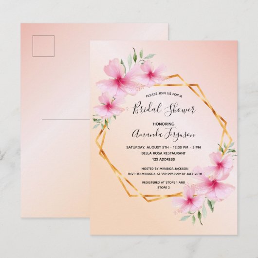 Tropisch roos goudbruine douche-uitnodiging briefkaart (Voorkant / Achterkant)