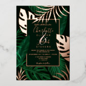 Tropisch roos gouden groene bladzijden waterverf b folie uitnodiging (Voorkant)