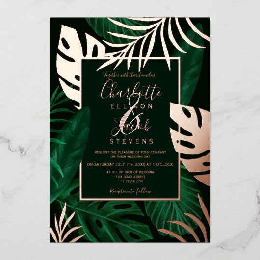 Tropisch roos gouden groene bladzijden waterverf b folie uitnodiging (Voorkant)