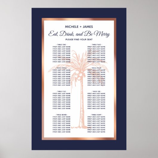 Tropisch Roos van de marine Gold Palm Wedding Seat Poster (Voorkant)