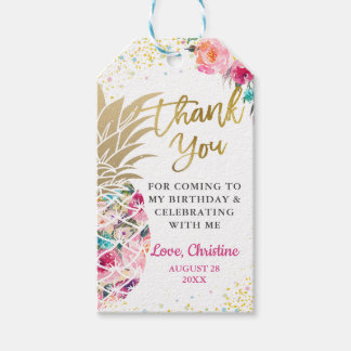 Tropisch roze anananas Floral Birthday Dank je Cadeaulabel