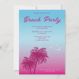 Tropisch Roze Blau Strandfeest Palmboom Verjaardag Kaart