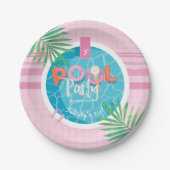 Tropisch Roze & Blauw Zomer Verjaardag Pool Party Papieren Bordje (Voorkant)