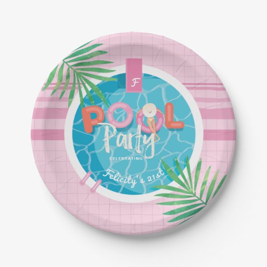 Tropisch Roze & Blauw Zomer Verjaardag Pool Party Papieren Bordje (Voorkant)