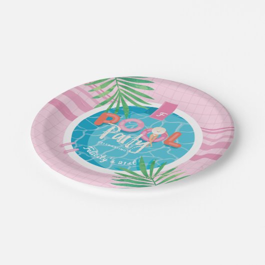 Tropisch Roze & Blauw Zomer Verjaardag Pool Party Papieren Bordje (Gekanteld)