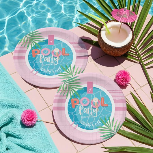 Tropisch Roze & Blauw Zomer Verjaardag Pool Party Papieren Bordje