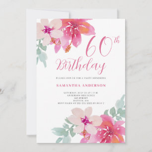 Tropisch Roze Bloemen 60e Verjaardag Uitnodiging