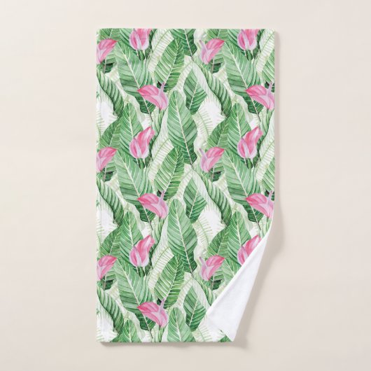 Tropisch roze bloemen en groen bad handdoek (Handdoek)
