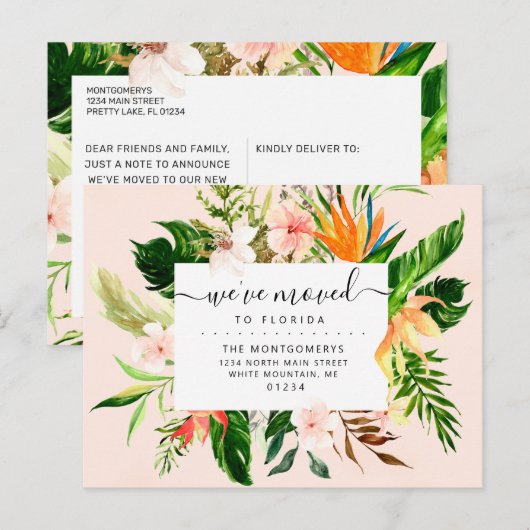 Tropisch Roze Bloemen Greenery Florida Verhuizen Aankondigingskaart (Voorkant / Achterkant)