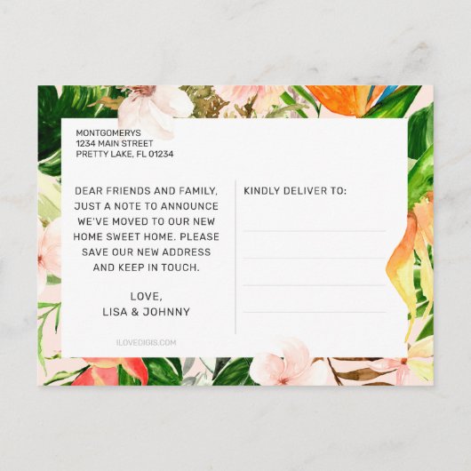 Tropisch Roze Bloemen Greenery Florida Verhuizen Aankondigingskaart (Achterkant)