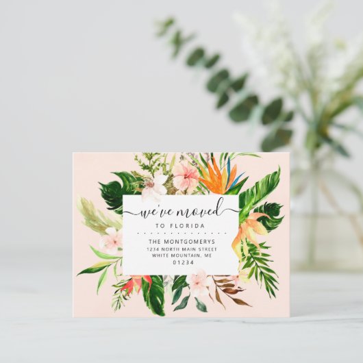 Tropisch Roze Bloemen Greenery Florida Verhuizen Aankondigingskaart (Staand voorkant)