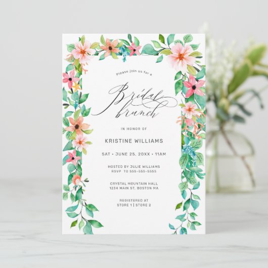 Tropisch Roze Bloemen Modern Script Bridal Brunch Kaart (Staand voorkant)