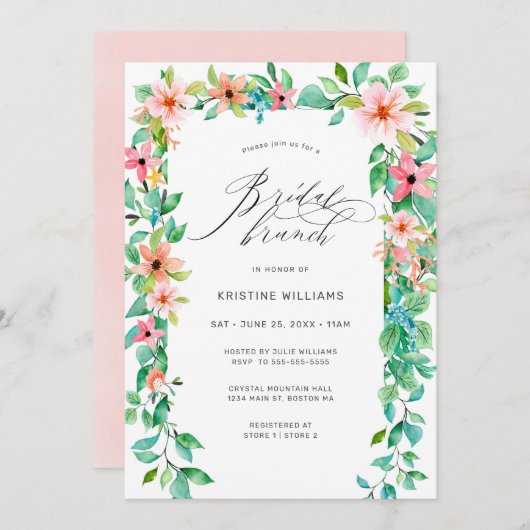 Tropisch Roze Bloemen Modern Script Bridal Brunch Kaart (Voorkant / Achterkant)