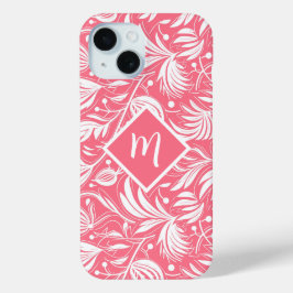 Tropisch Roze Bloemen Patroon Diamant Monogram iPhone 15 Case