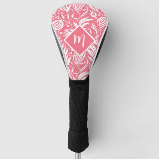 Tropisch Roze Bloemen Patroon Diamant Monogram Golfheadcover (Voorkant)