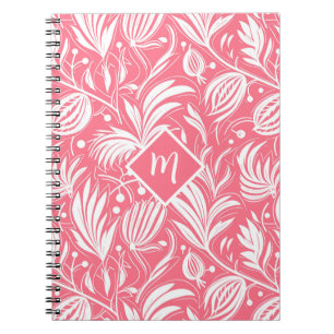 Tropisch Roze Bloemen Patroon Diamant Monogram Notitieboek