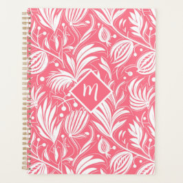 Tropisch Roze Bloemen Patroon Diamant Monogram Planner