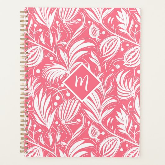 Tropisch Roze Bloemen Patroon Diamant Monogram Planner (Voorkant)