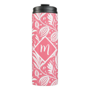 Tropisch Roze Bloemen Patroon Diamant Monogram Thermosbeker