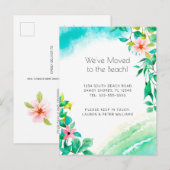Tropisch Roze Bloemen Strand Verhuizen Aankondigingskaart (Voorkant / Achterkant)