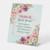 Tropisch Roze Bloemen Strandhuis WiFi-netwerk Reclamebord Met Voetstuk (Voorkant)
