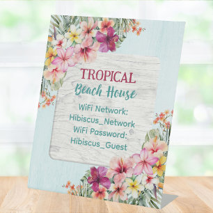 Tropisch Roze Bloemendek Strandhuis WiFi-Netwerk Reclamebord Met Voetstuk