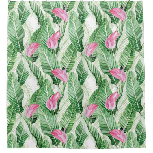 Tropisch roze bloemengroen douchegordijn (Voorkant)