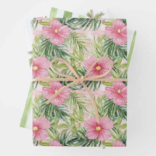 Tropisch Roze Bloemengroen Strepen Bruiloft Inpakpapier Vel (In situ)