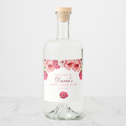 Tropisch roze bloemenlabel likeurfles etiket (Voorkant)