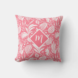 Tropisch roze bloempatroon diamanten monogram kussen