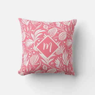 Tropisch roze bloempatroon diamanten monogram kussen