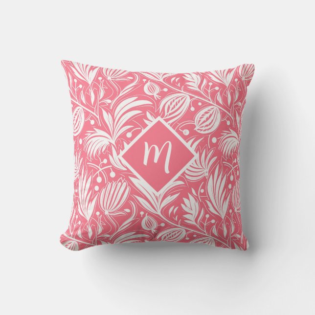 Tropisch roze bloempatroon diamanten monogram kussen (Voorkant)