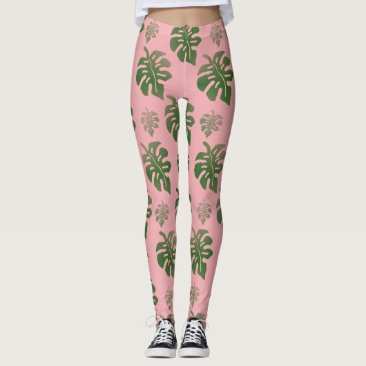 Tropisch roze botanische monstera laat een patroon leggings (Voorkant)