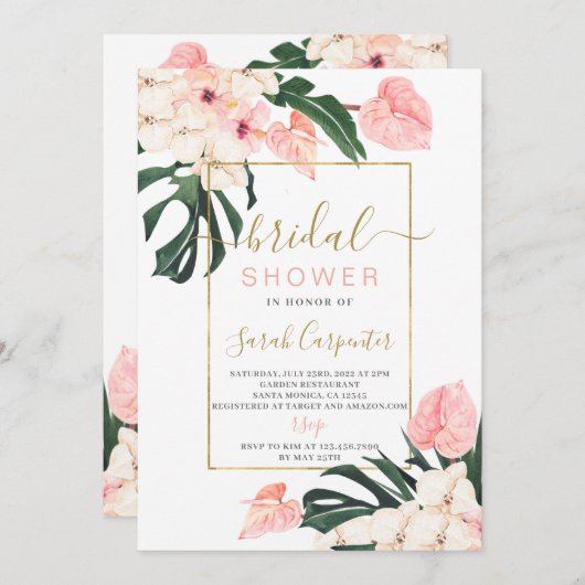 Tropisch roze bridal Shower-uitnodiging Kaart (Voorkant / Achterkant)