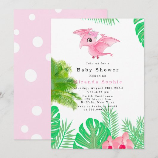 Tropisch Roze Dinosaur Cute Girl Baby shower Kaart (Voorkant / Achterkant)