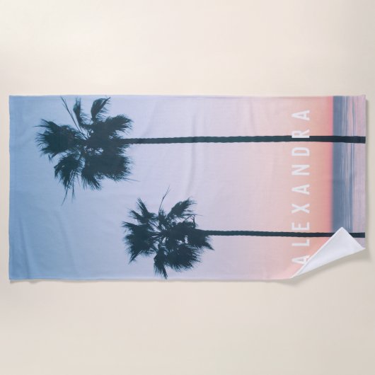 Tropisch roze en blauw ombre palm Sunset Name Strandlaken (Voorkant)