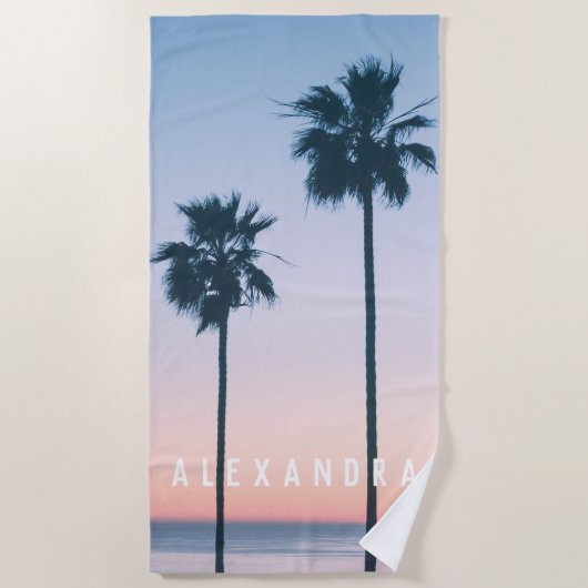Tropisch roze en blauw ombre palm Sunset Name Strandlaken (Voorkant)