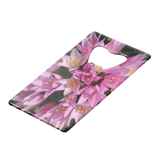 Tropisch roze en gele bloemen creditkaart flessenopener (Voorkant Gekanteld)