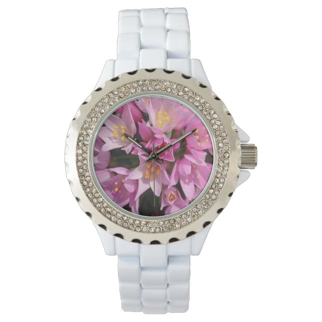 Tropisch roze en gele bloemen horloge (Voorkant)