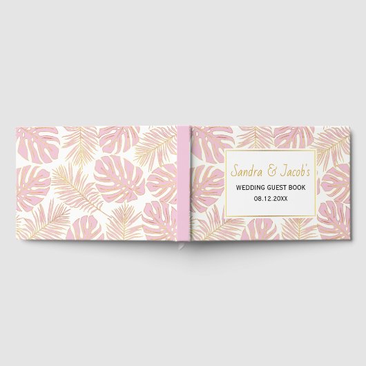 Tropisch roze en goud verlaat moderne bruiloft gastenboek (Volledig)
